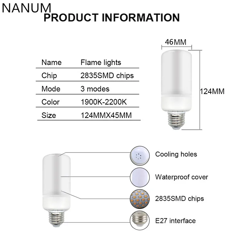 E27 2835SMD 3 режима светодиодный лампы с эффектом пламени лампочки 7 Вт мерцание пламени огни 1800 K AC85-265V для деко