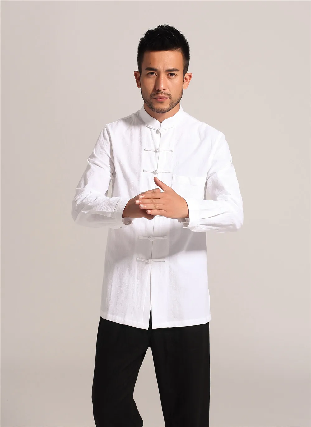 Повседневное из хлопка и льна кунг-фу однотонные белые китайские Для мужчин Тай чи рубашка с длинными рукавами Пальто M L XL XXL XXXL PM002 - Цвет: Белый