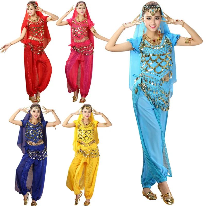 2 шт./компл. Болливуд экзотические Танцы одежда Для женщин монета Пояс живота Танцы практики, костюм, одежда, костюм, набор костюмов костюм(топ+ Штаны
