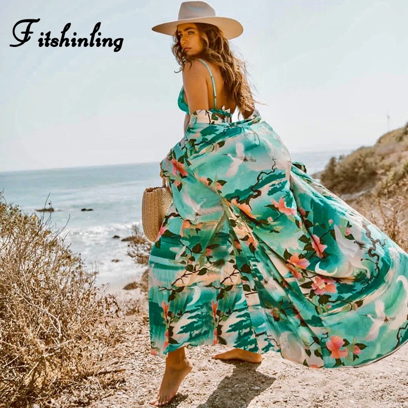 Fitshinling с цветочным принтом Длинные Кардиган Купальник boho flare рукавом Пояса летние пляжные cover up Купальники для малышек праздник большой