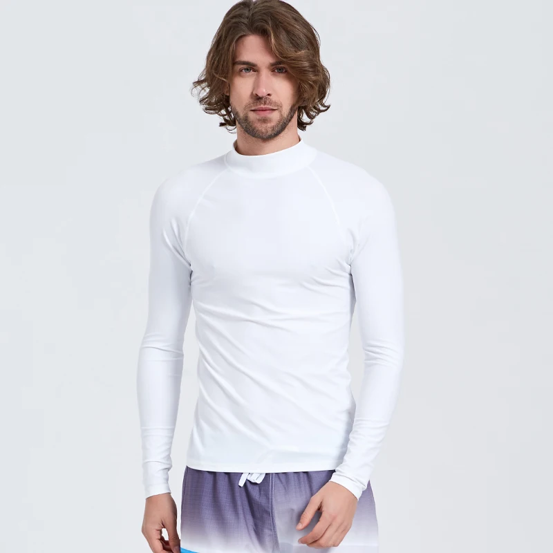 Mens Basic Skins UPF 50+ Long Sleeve Sun Rashguard Shirt Tops Swimming Surfing Snorkeling Diving Tee Basic Layer Wetsuit White