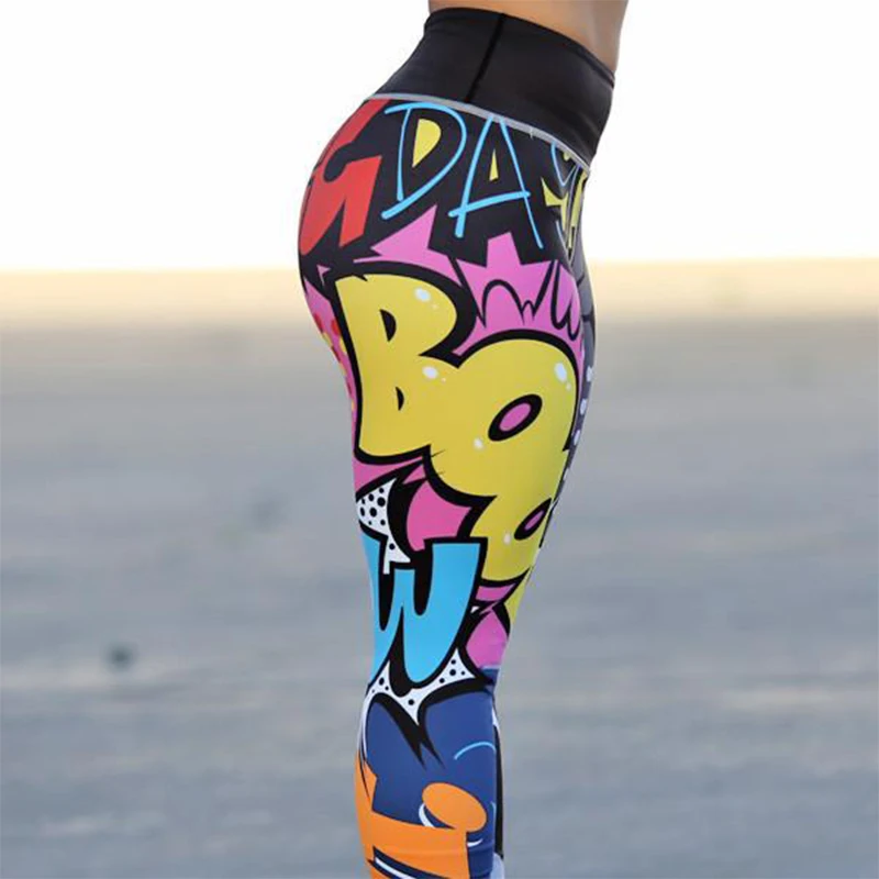 NORMOV-mallas de entrenamiento de Hip-hop para mujer, Leggings de realce de cintura alta, pantalones de Fitness, grafiti