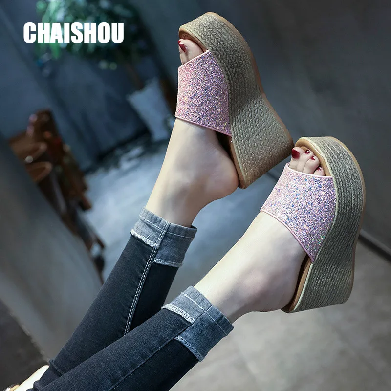 

CHAISHOU Shoes Women's Slippers 2019 new Sexy High heel Wedges Platform Designer Shoes Woman Beach Slippers Zapatos Mujer CS-287