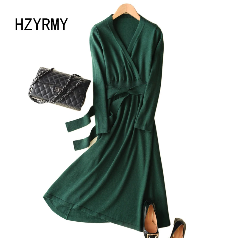 HZYRMY Spring and Autumn New Women's Cashmere Sweater Dress V-Neck Fashion Long Solid Color Dress Wool Knit Pullover Loose Skirt Sweaters