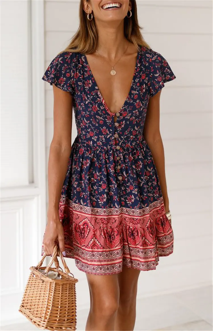 Gladiolus Fashion Summer Women Dress Short Sleeve Button Deep V Neck Sexy Floral Print Mini Boho Dress 2019 Ladies Beach Dresses (30)