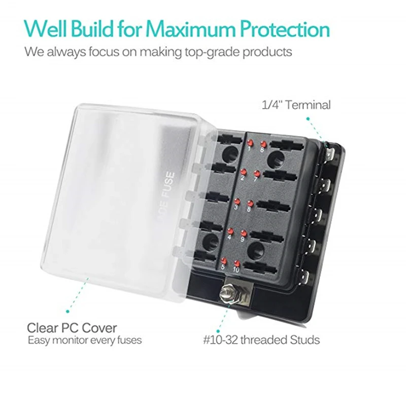 MICTUNING 10-Way LED Illuminated Automotive Blade Fuse Holder Box Fuse Block with Cover
