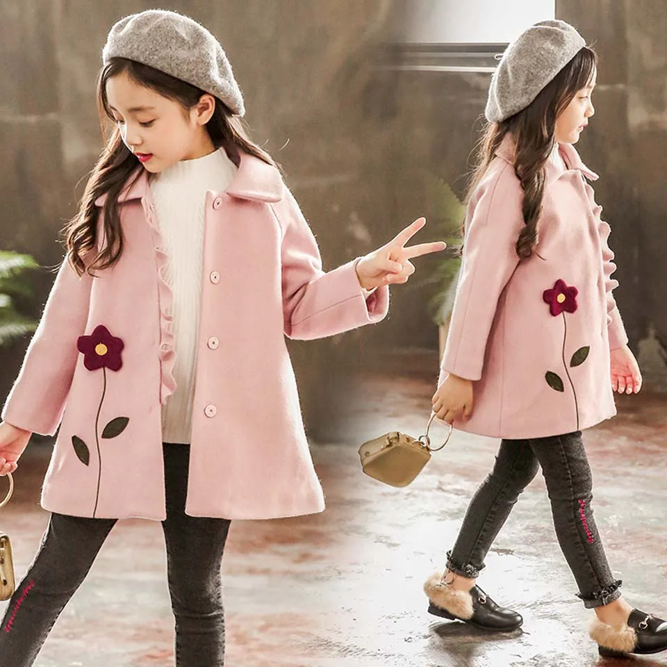 

Kid Girl Jackets Winter Wool Coat for Girls Teens Autumn Jacket Warm Outerwear Children Girls Floral Windbreaker 4-13 Year