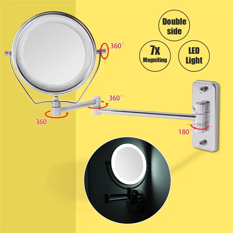 Chuveiro do Banheiro de Barbear Fixado na Parede com Luz Polegada Espelhos Dupla Face Led Iluminado Lupa 7x Maquiagem Cosméticos Espelho 6 9 Beleza e saúde