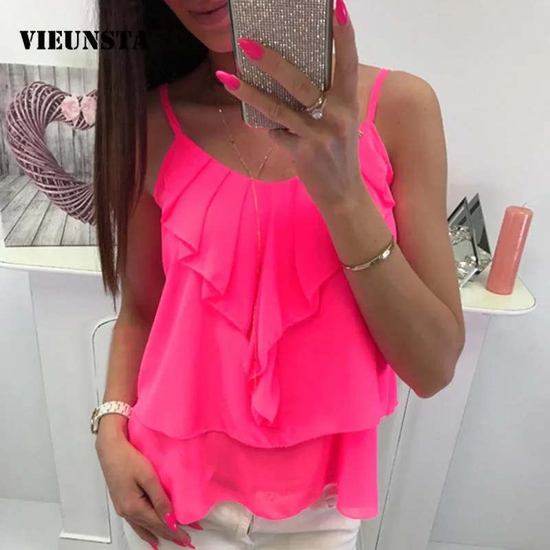 

VIEUNSTA Sexy Tiered Ruffles Vest Top Chiffon Blouses Woman Solid Color Strap Blouse Shirt Summer O Neck Sleeveless Beach Blusas