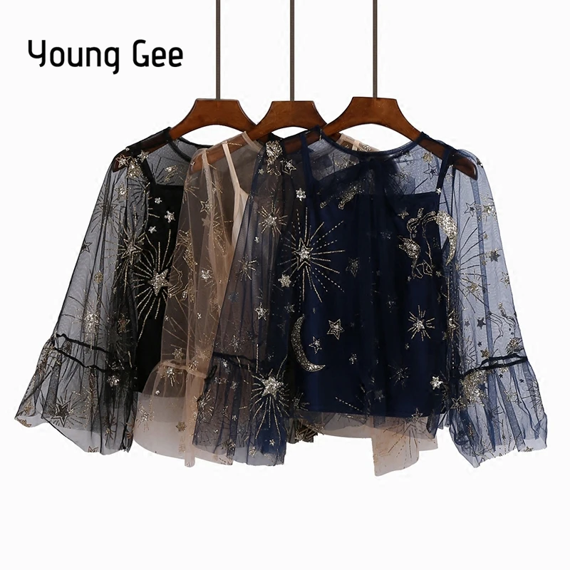 Young Gee 2018 женские кружевные блузки рубашка элегантная расклешенная с длинным