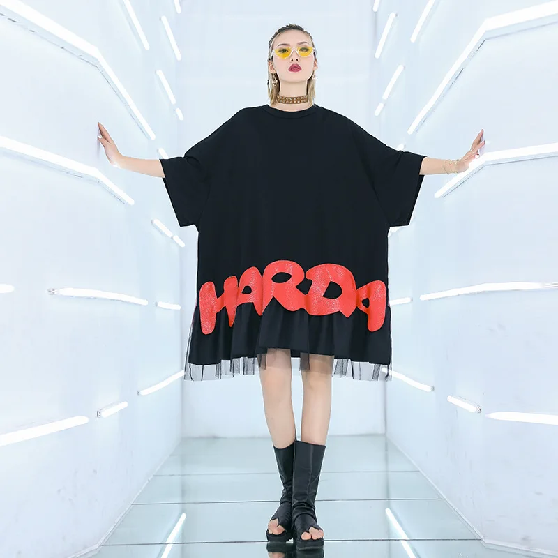 

Women Summer Oversized Loose Bat Short Sleeve Causal T Shirt Dress Female Mesh Print Streetwear Punk Plus Size O-neck Dress