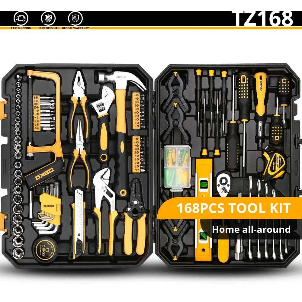 DEKO набор ручных инструментов для домашнего ремонта, набор ручных инструментов с пластиковым ящиком для инструментов, чехол для хранения плоскогубцев, торцевой ключ, пила, отвертка, нож - Цвет: TZ168