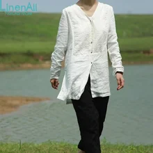 LinenAll Linen clothing women’s white jacquard Chinese style double-breasted autumn medium-long top T-shirt female Sishan