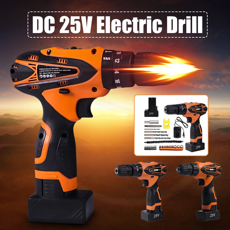 

DC 25V Cordless Impact Electric Drill Lithium Battery Electric Drill Power Drills with Screwdriver Bit Accessories Set For Wood
