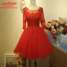 Elegante Rote Ballkleid Applique Mini Spitze Cocktailkleider 2016 Mit 3/4 Sleeves Short Partei Abschlussball-kleider robe de cocktail TC20