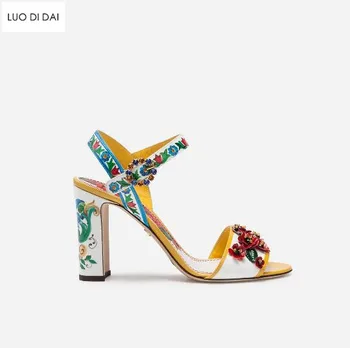 

2019 vintage sandals women sexy open toe high heels flora print gladiator sandals party shoes woman chunky heel stilettos