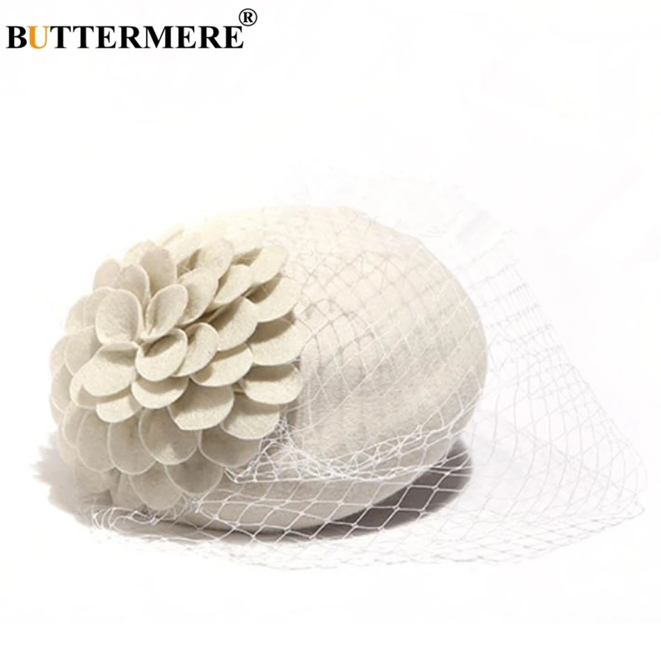 

BUTTERMERE Women Pillbox Hat With Veil 100% Wool White Vintage Fedora Hat British Ladies Wedding Elegant Female Bride Party Hat
