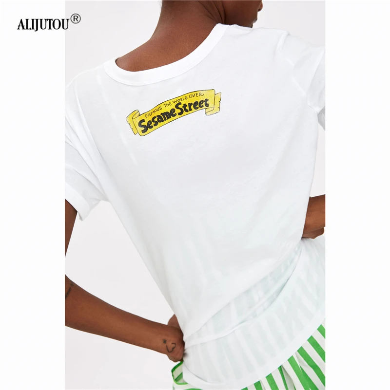 zaraing crossover Sesame Street T-shirt 2019 Summer Fashion Print Female T-shirt White Cotton Women Tshirts Casual Harajuku Top