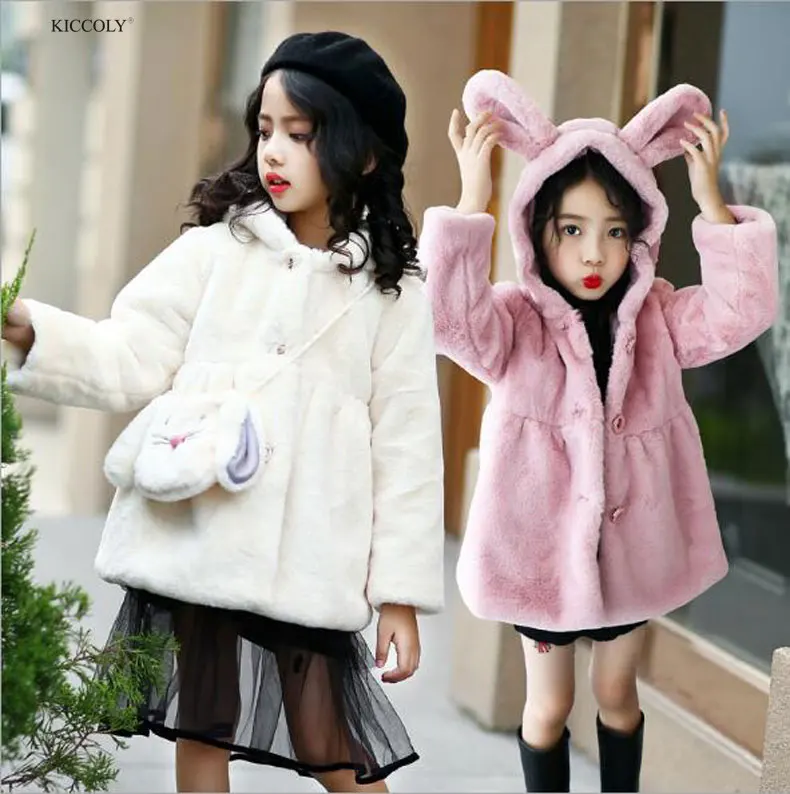 

KICCOLY 2018 Fashion Girls Winter Thick Cloak Sweater Children's Cute Bunny Ears Hooded Jacket+Cat Messenger Bag Teen Clothing