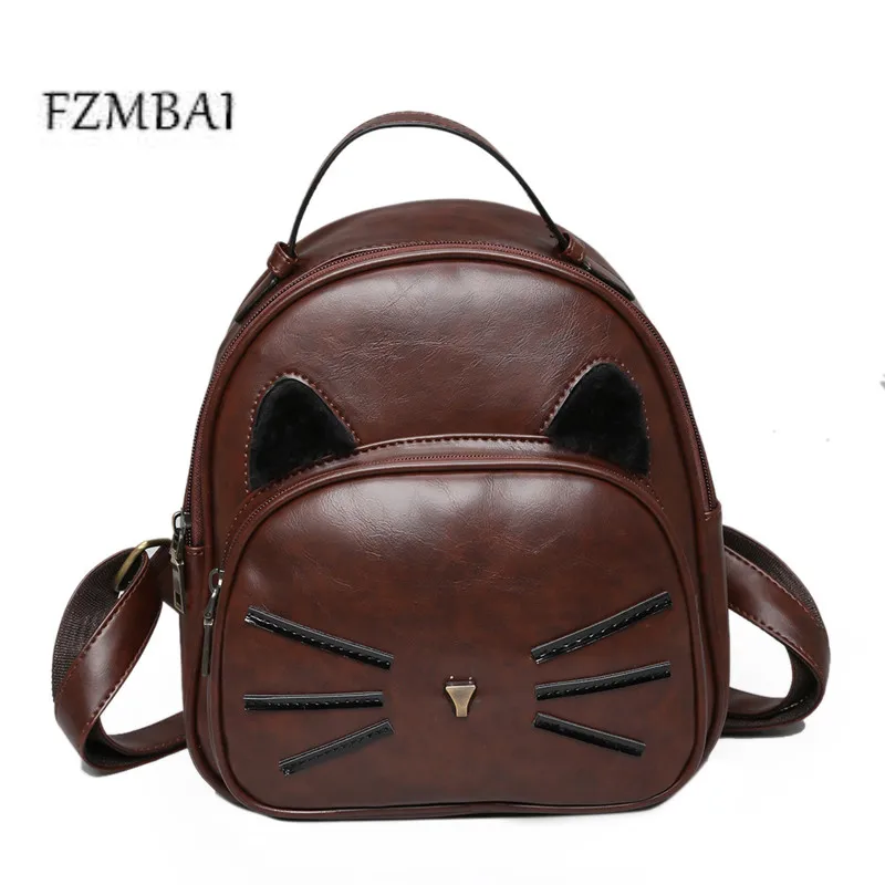 2017 New PU Bag Retro Kitten Pattern Female Backpack Korean Fashion All match Academy Student Backpack