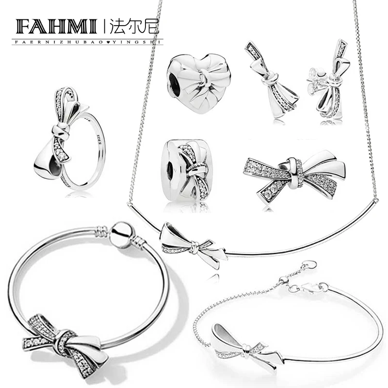

FAHMI 100% 925 Sterling Silver 1:1 Genuine Gorgeous Bow Charm Labradorite Beads Bracelet Earring Ring Security Clip Necklace