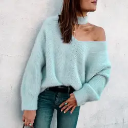 С открытыми плечами синий вязаный свитер женский сексуальный водолазка негабаритных пуловер Для женщин Джемперы 2018 Повседневное