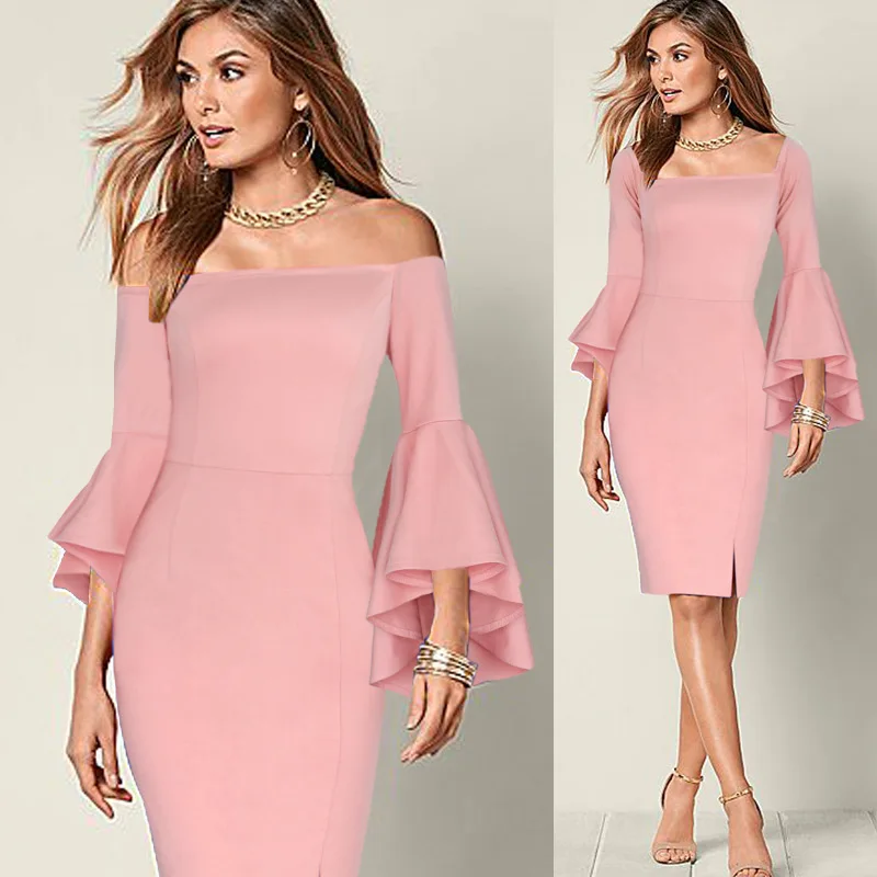Cortas Для женщин нарядное расклешенное платье с расклешёнными рукавами, сексуальное платье с открытыми плечами, платье с разрезом спереди оболочка модные тонкие Повседневное вечерние Клубные облегающее платье 6440 - Цвет: Pink