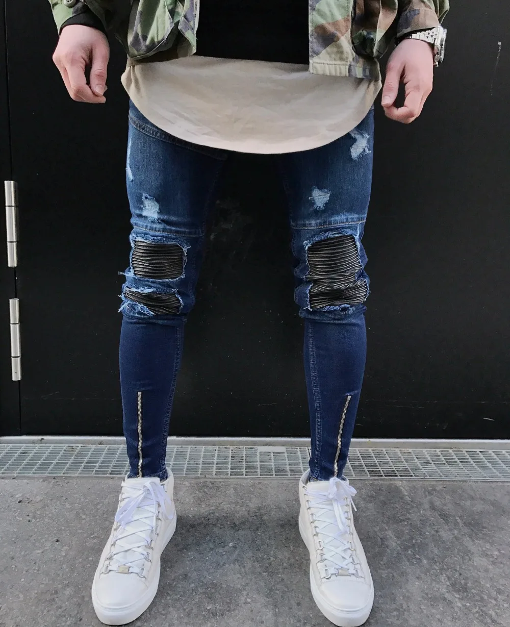 New Biker Jeans Men Stretch Black Ripped Knee Biker Jeans For Men With Zipper Distressed Skinny