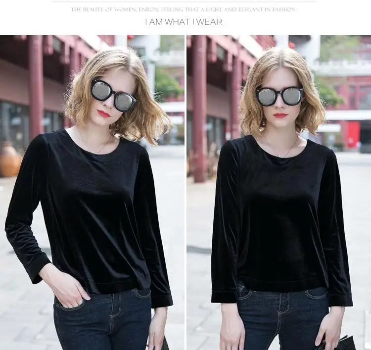 Fashion Women velvet shirt ,New Spring Autumn O-neck long sleeve Velvet blouse ,black blue velour striped sweater