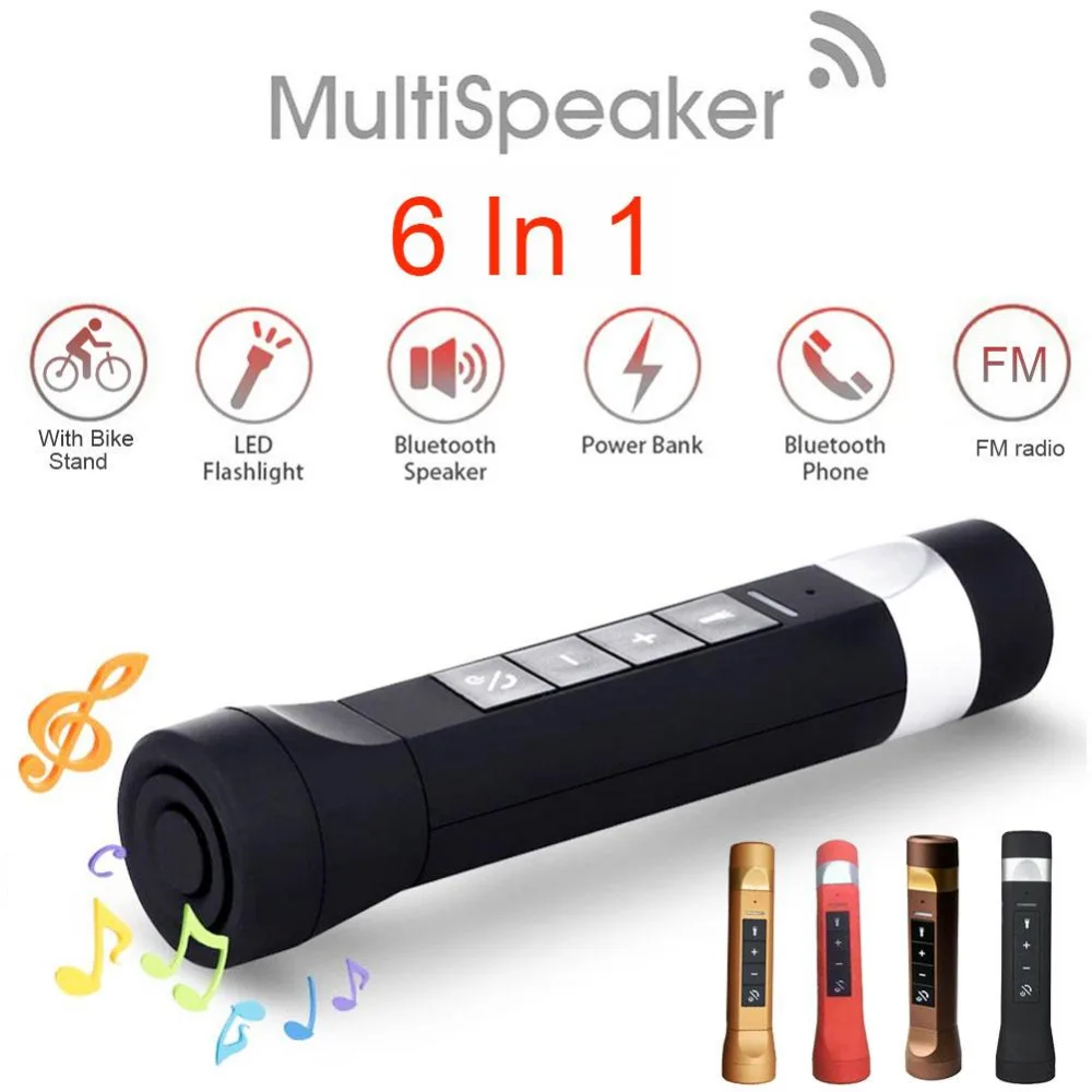 

6 In 1 Multi-Functional Bluetooth Speaker MP3+Flashlight+FM Radio Outdoor Riding Cycling Radio Portable Speaker Power Bank Color