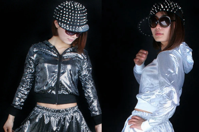

Best Version, Women Glitter Sequin HipHop Outwear with Hooded Jazz Dance Costumes Stage Female Singer Jackets