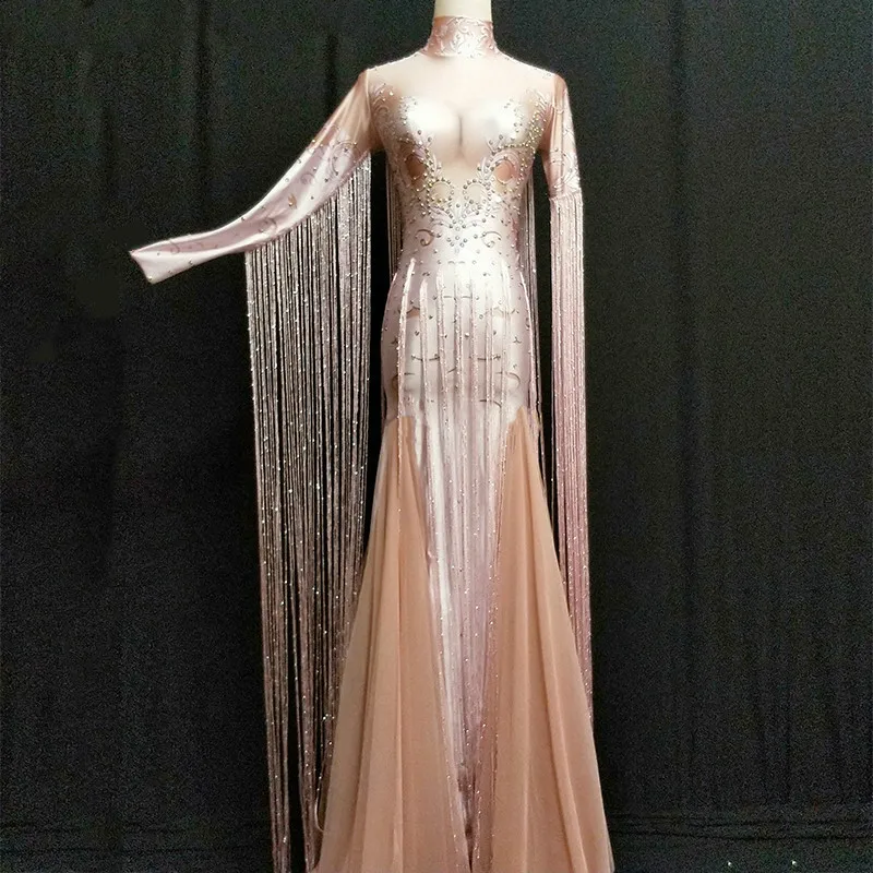 

Women Sexy Stage Tassel Pink Long Dress Sparkling Rhinestone Women Costume Nightclub Party Singer Dancer Performance Stage Wear