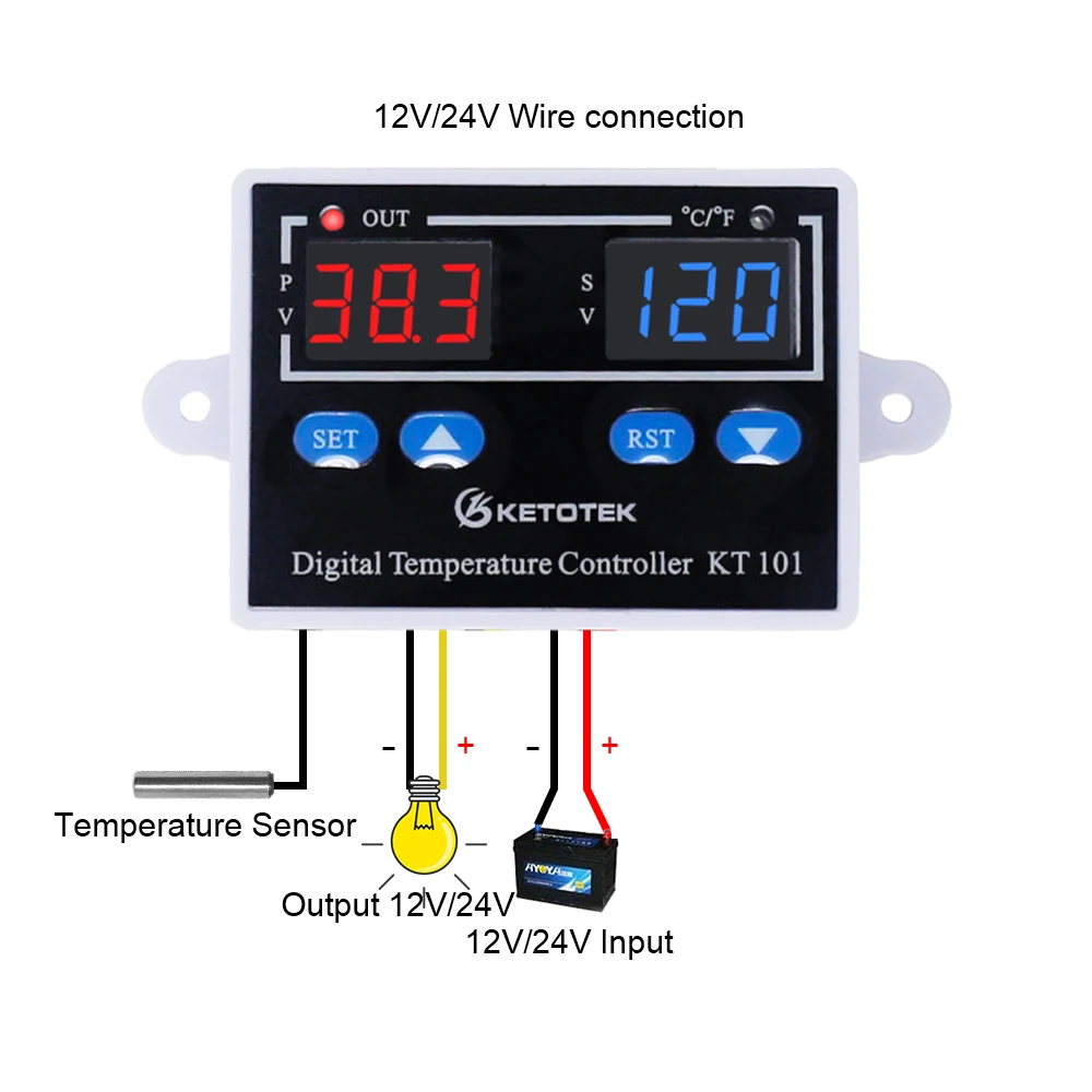 KT101 C/F цифровой термостат Температура контроллер 10A прямая Выход инкубатор Температура регулятор 110 В 220 В, 12 В, 24 В постоянного тока