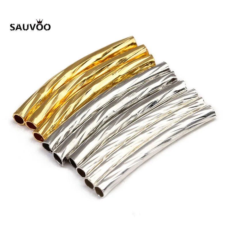 

100 pcs/lot 2*20mm Gold Silver Rhodium Color Copper Curved Long Tube Beads Connectors DIY Necklace Bracelet Findings Material