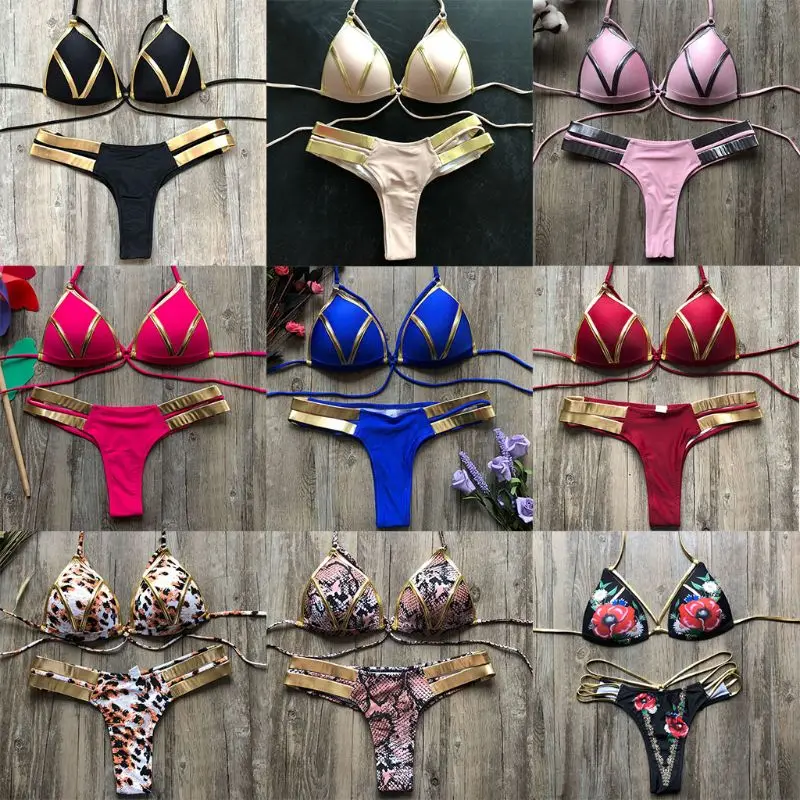 

Women Patchwork Push Up Swimwear String Thong Bikini Set Halter Padded Suit