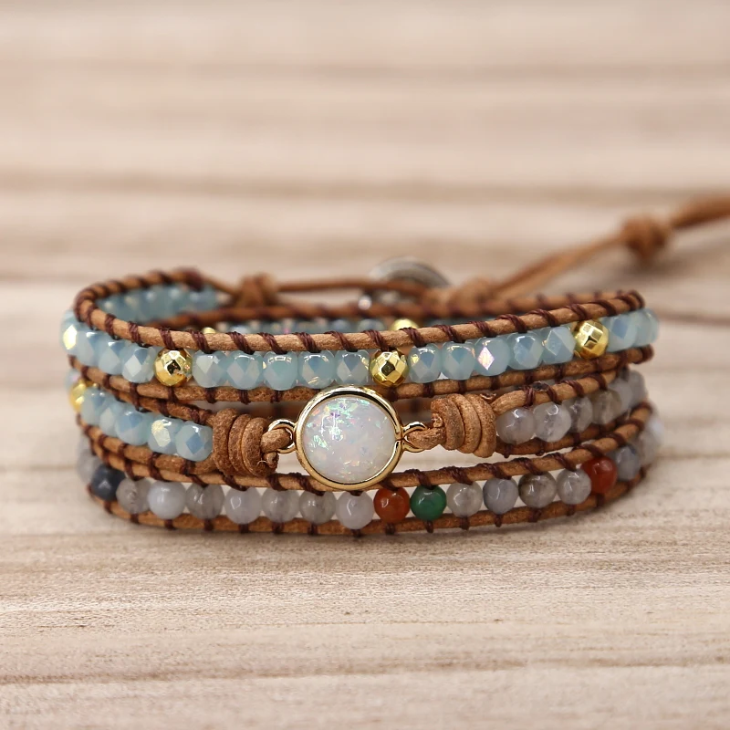 

2019 Unique Quality Women Bracelets Natural Opal Stone Rhinestone 3 Rows Leather Wrap Bracelet Fancy Femme Boho Bracelets