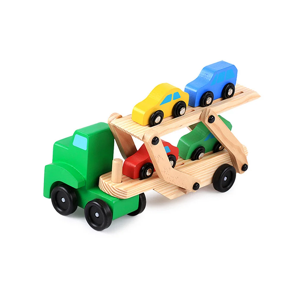 

2019 New Wooden Car Loader Toys Double Layer Transporter Truck Model with 4 Cars Kid Early Educational Toy Vehicles