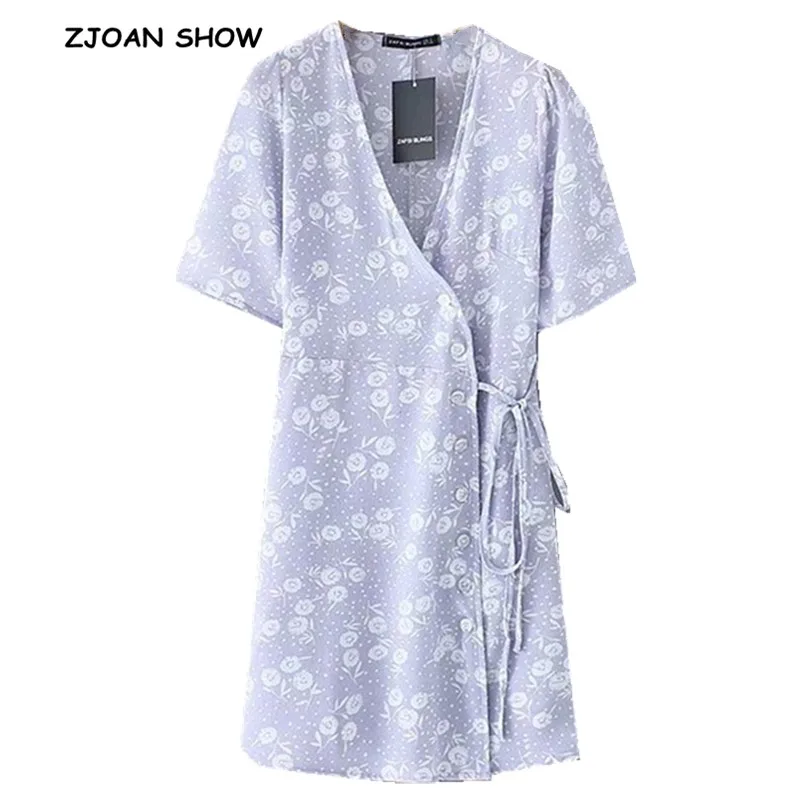 

2019 New Cross V neck Floral Print Button Lace up Dress Retro Lavender Woman Short sleeve Front Split Mini Slim Summer Dresses
