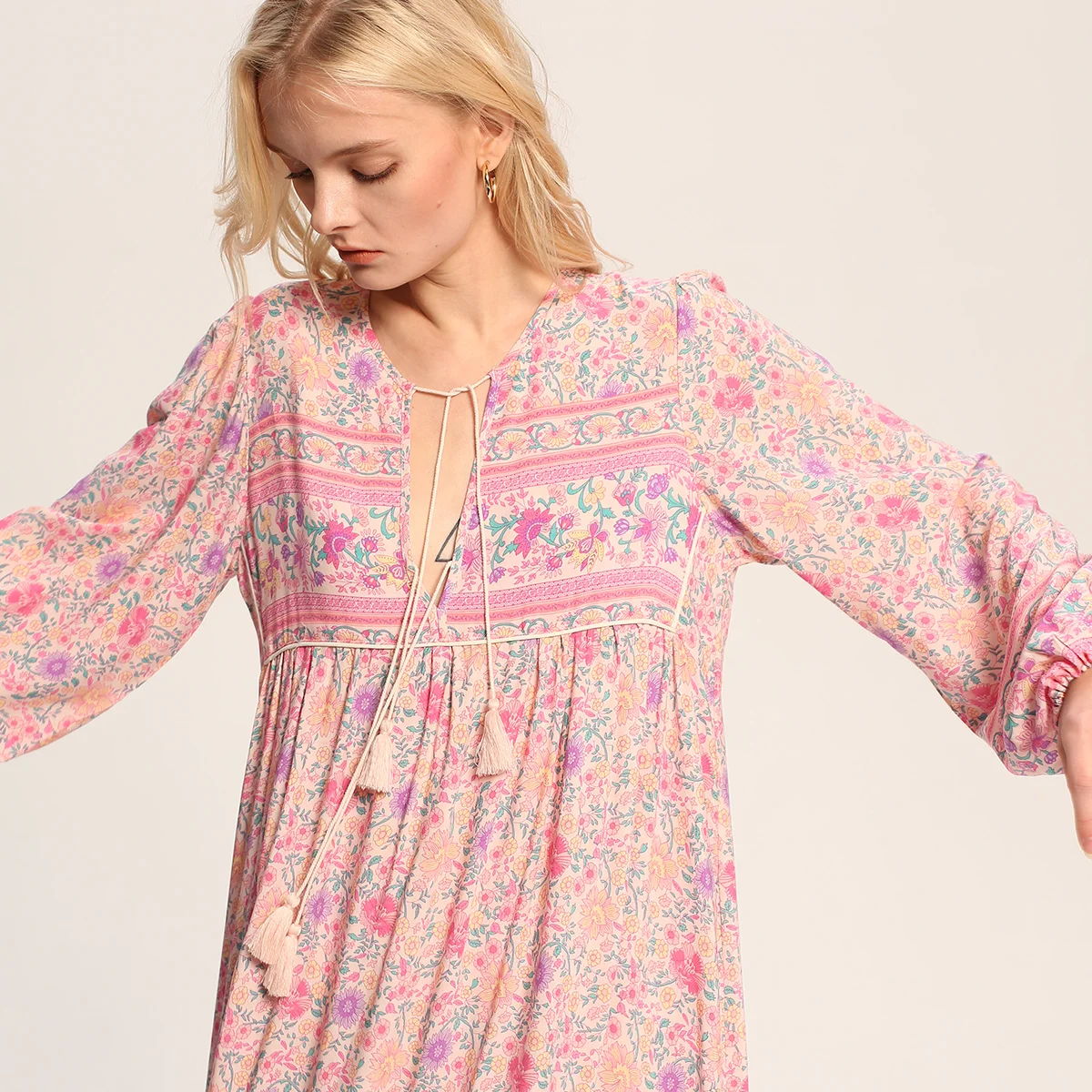 Jastie Cotton Bohemian Short Dress Hippie Chic Floral Print Dresses ...