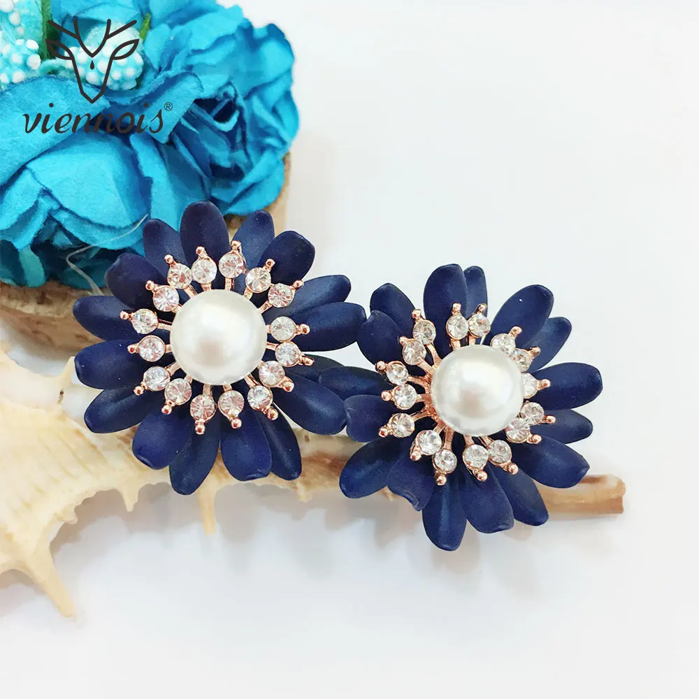 Viennois Rhinestone Dark Blue Color Flower Stud Earrings For women Simulated Pearl Sweet Earrings