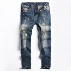 В стиле панк хип-хоп джинсы Для мужчин темно-голубой цвет прямой крой хлопок уничтожили Рваные джинсы Рваные джинсовые штаны классические