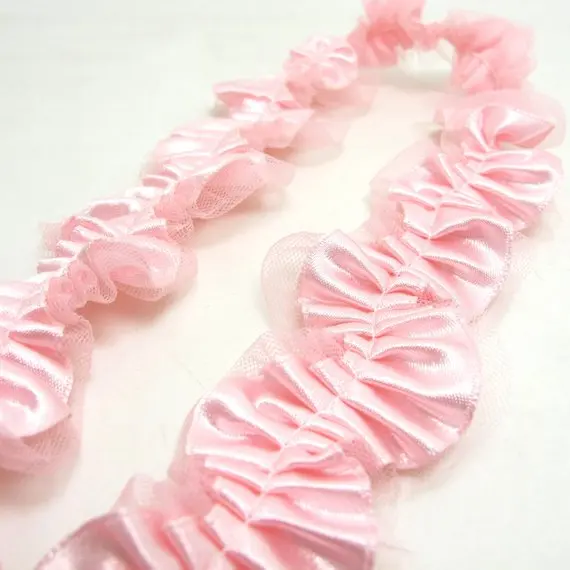 

1 1/2 Inches Pink Wavy Pleated Satin Trim with Tulle Base|Ruffled Ribbon|Ric Rac Trim|Retro Handmade Supplies|Pillow Case
