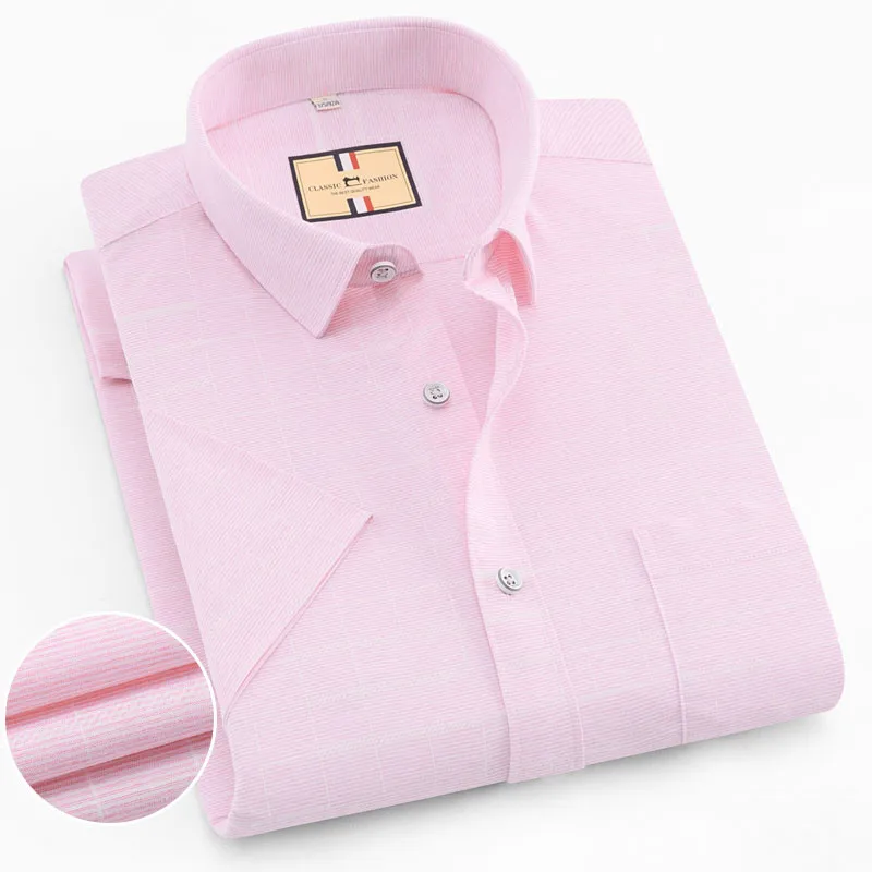 عالية المحتوى القطن لينة قصيرة الأكمام الصيف مريحة الأعمال الرجال منقوشة الصلبة عارضة قمصان منتظم صالح رفض طوق