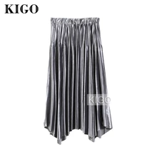 KIGO mujeres Casual cintura elástica gris metálico Irregular falda alta cintura Patchwork Midi falda Vintage mujeres faldas KJ31