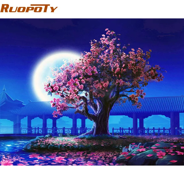 RUOPOTY Romantische Mond Nacht Landschaft DIY Malen Nach Zahlen Kits