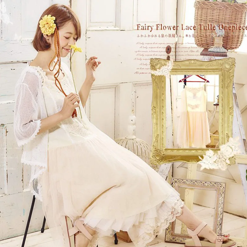 

Harajuku Mori Girl Lace Appliques Dress Women's Summer Patchwork Floral Spaghetti Strap Sleeveless Female Kawaii Dresses A124