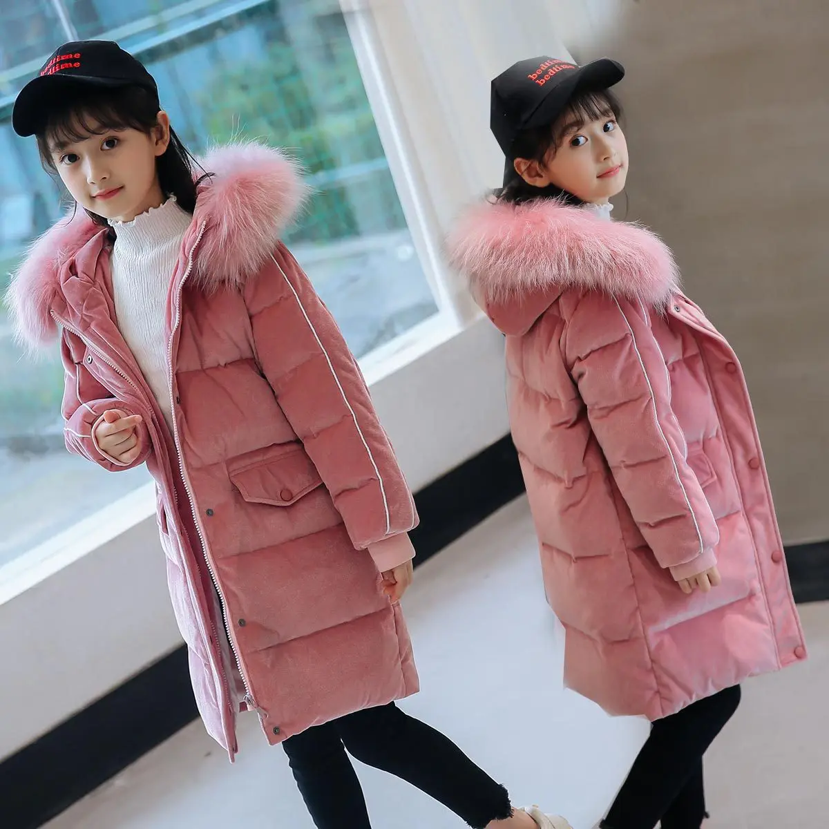 

Fashion Children's Down Coat Golden Velvet Fabric Super Soft Girls Middle And Long Jack Teenage Big Gilr Size 120-150 160