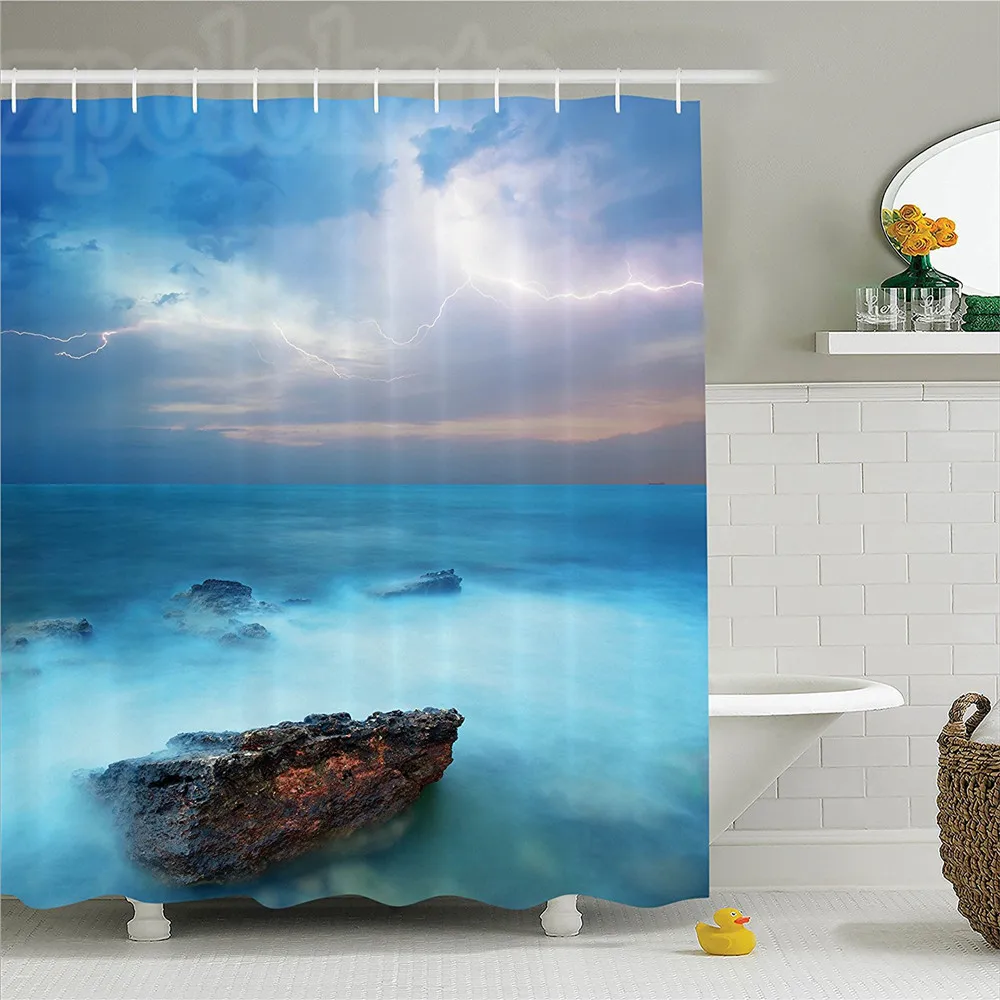 Lake House Decor Shower Curtain Set Tropic Sea with Rocks and Storm