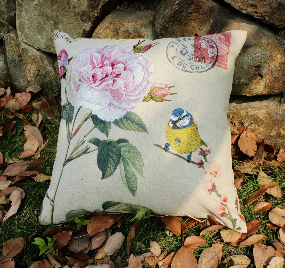 VEZO HOME embroidered yellow bird print floral cotton linen sofa throw