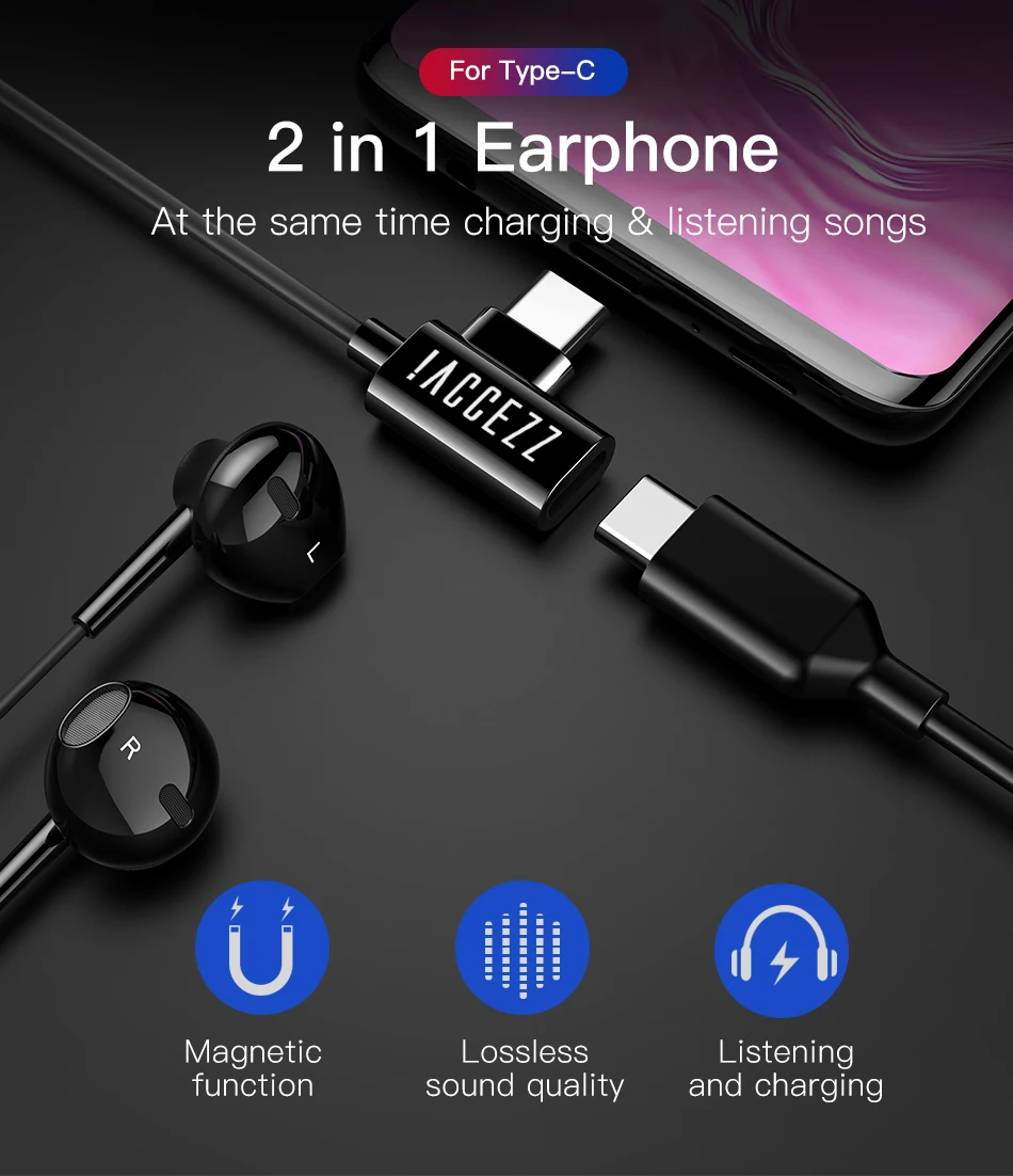 !ACCEZZ 2 in 1 Type C Magnetic Earphone For Xiaomi Samsung Huawei P30 P20 Smart Phone Charger Listening In-Ear Earphones Adapter (1)
